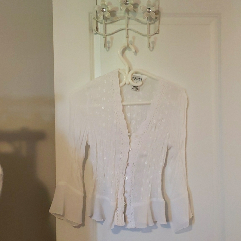 White beautiful button up shirt. Brand is Allison Taylor. Size small